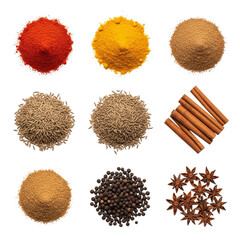Collection of Spices and Seasonings Keywords: spices, seasonings, chili powder, turmeric, cumin isolated on a transparent background