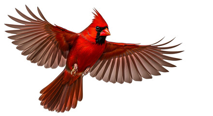 A vibrant red cardinal in mid-flight against a white background
