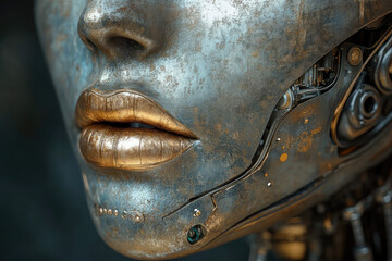fragment of a metal sculpture of a woman's face with bright gilded lips