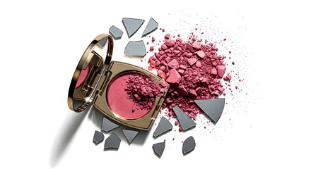 A broken compact of rosy blush powder scattered amongst shattered shards on a clean white background, product photography