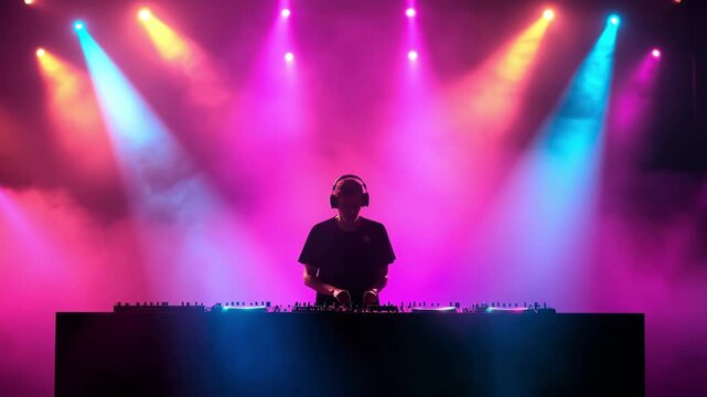 Dynamic dj performance amid vibrant lights and energetic atmosphere