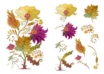 Fantasy flowers in retro, vintage, jacobean embroidery style. Clip art, set of elements for design Vector illustration.