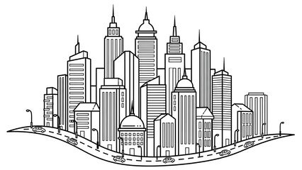 Fototapeta premium Stylized City Skyline Panorama Coloring Page, Detailed Urban Landscape with Skyscrapers and Winding Road Illustration