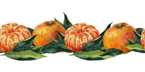 Watercolor citrus border with alternating peeled and whole mandarins among lush green leaves. Seamless design for packaging, textile prints, labels, eco branding and food-related visuals.