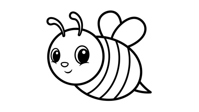 Cute Cartoon Honey Bee Flying, Simple Black and White Line Art Coloring Page for Kids and Preschool Education