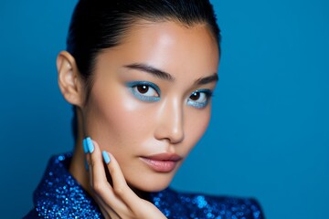 Fototapeta premium Close-up portrait of an East Asian woman with sharp cheekbones, showcasing vibrant blue makeup and a sparkling outfit against a solid blue background, highlighting beauty and elegance