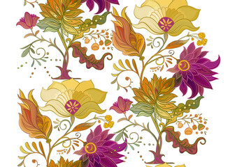 Fantasy flowers in retro, vintage, jacobean embroidery style. Seamless pattern, background. Vector illustration.