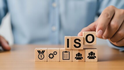 Naklejka premium Hand placing wooden cube with letter O to complete I S O acronym with icons standard
