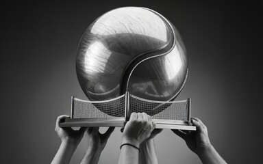 Monochrome image of hands holding a large shiny silver trophy with a sphere on top