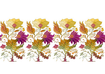 Fantasy flowers in retro, vintage, jacobean embroidery style. Seamless pattern, background. Vector illustration.