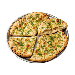 Garlic Naan Bread Slices on a Metal Plate indian food isolated on a transparent background