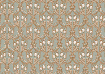 Decorative flowers and leaves in art nouveau style, vintage, old, retro style. Seamless pattern, background. Vector illustration. In art nouveau style, vintage, old, retro style.