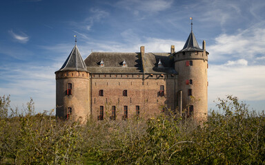 Obraz premium Panorama of Muiden Castle in the late afternoon, with the sunshine light