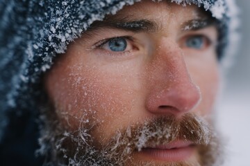 Male trail runner with an amputated leg, showcasing determination and resilience, surrounded by a snowy landscape, capturing the spirit of adventure and overcoming challenges
