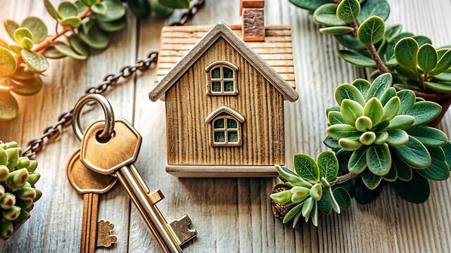A miniature wooden house model with keys on a rustic table. Real estate and homeownership concept. Buying a new property or home investment background