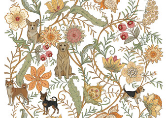 Seamless pattern with dogs and flowers. Ornate botanical design with corgi, beagle and labrador in elegant vintage style. Repeating hand-drawn background for textile and wallpaper.