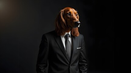 Portrait conceptuel d'un chien setter irlandais vêtu d'un élégant costume noir.