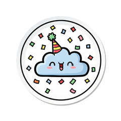 Happy Cartoon Cloud Wearing Party Hat with Confetti isolated on a transparent background