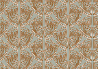 Decorative flowers and leaves in art nouveau style, vintage, old, retro style. Seamless pattern, background. Vector illustration. In art nouveau style, vintage, old, retro style.