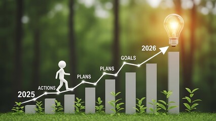 White figure walks up bar graph towards glowing light bulb representing goals in 2026 growth progress