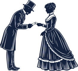 Gentleman giving letter to lady vintage style historical people