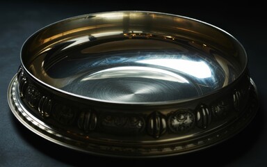 Vintage silver decorative plate with ornate details on dark background