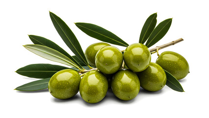 A cluster of vibrant green olives adorned with fresh leaves on a white background