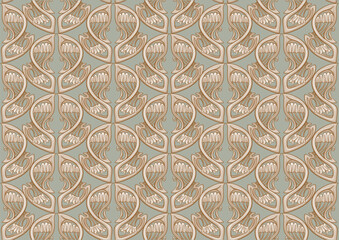 Decorative flowers and leaves in art nouveau style, vintage, old, retro style. Seamless pattern, background. Vector illustration. In art nouveau style, vintage, old, retro style.