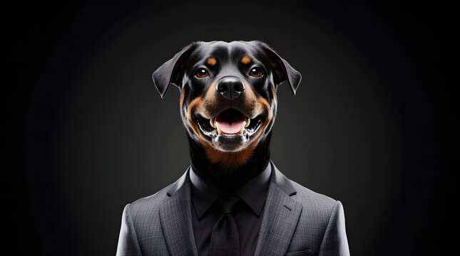 Chien rottweiler heureux v&ecirc;tu d'un costume &eacute;l&eacute;gant, symbolisant le professionnalisme et la r&eacute;ussite. Il &agrave; un sourire fier 