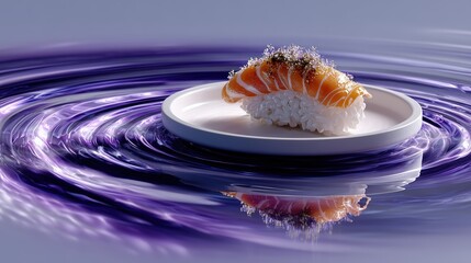 Salmon sushi nigiri on white plate surrounded by swirling purple liquid in studio lighting concept of luxury japanese cuisine and surreal art