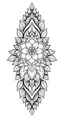 Intricate Black and White Mandala Design with Floral Elements isolated on a transparent background