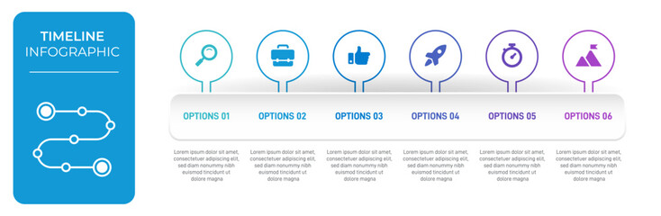 Progress bar featuring 6 arrow-shaped elements, symbolizing the six stages of business strategy and progression. Clean timeline infographic design template. Vector for mobile presentation.