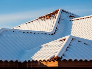 Winter home maintenance concept showing a snow-covered roof against a bright blue sky.