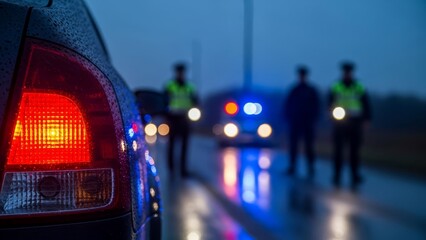 Road accident or traffic stop scene at night focusing on the illuminated rear tail light of a stopped vehicle.