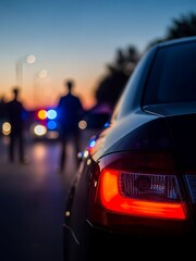 The glowing red tail light of a car stands out in the night while police lights flash in the bokeh distance.