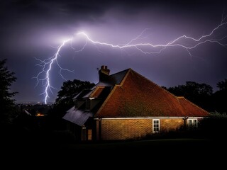 A massive branching lightning bolt strikes the sky directly over a suburban brick house during a severe night thunderstorm.