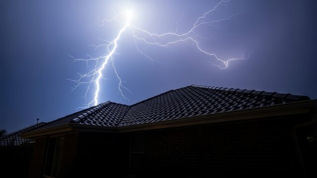 Dramatic view of a powerful electrical lightning discharge illuminating the dark purple sky above a residential home roof. - Powered by Adobe