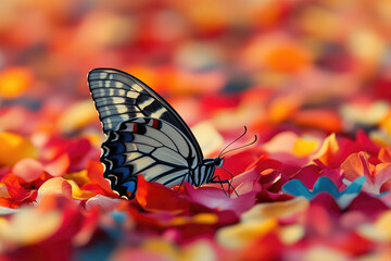 a colorful butterfly sits on a pile of red and yellow flower petals