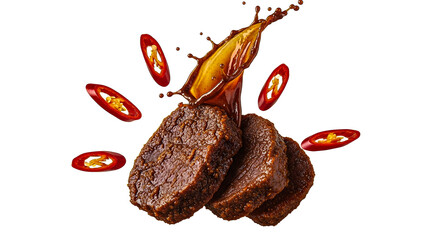 Sliced meat with chili peppers and sauce splashing around on a white background
