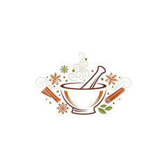 Mortar and pestle with spices and decorative elements on white isolated on a transparent background
