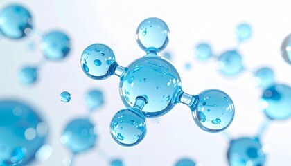 美容液の保湿メカニズムを分子と水滴で表現したブルー抽象ビジュアル 化粧品広告向け高品質背景素材 ジェネレーティブAI