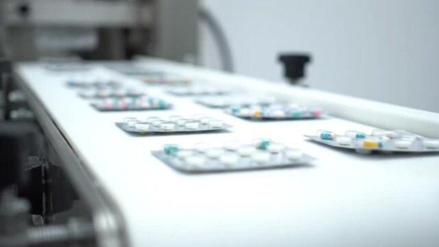 Pills blister packs moving on conveyor belt in pharmaceutical factory