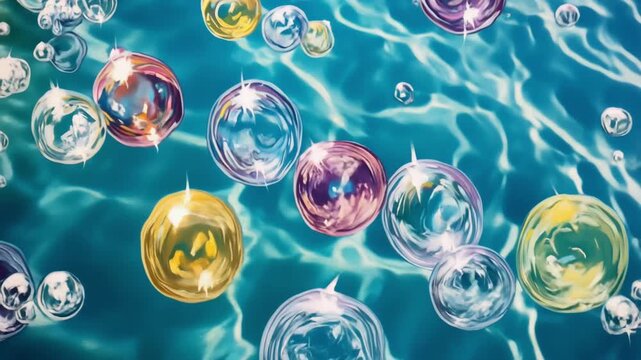 Colorful bubbles floating on rippling blue water surface in a serene summer scene