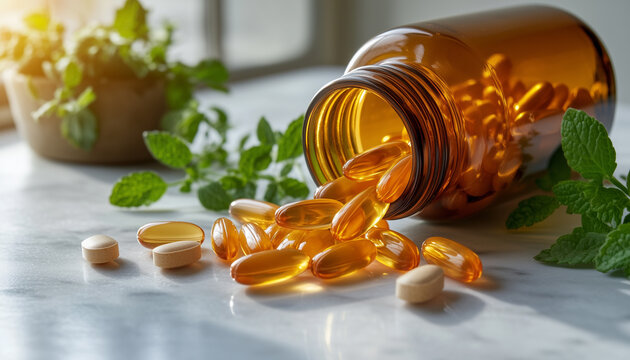 Herbal vitamin supplements pills. Brown bottle spills capsules on white surface with green leaves. Alternative medicine treatment.
