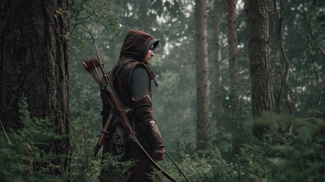 Hunter blends into the forest environment while preparing for a day of tracking game in a misty, tranquil woodland setting
