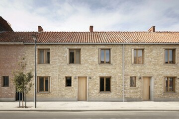 Obraz premium In a serene neighborhood, contemporary brick houses beautifully line a tranquil street, showcasing elegant simplicity and soothing neutral tones under the daylight