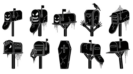 Spooky Halloween Mailboxes Set Vector Illustration - Scary Post Boxes and Coffin