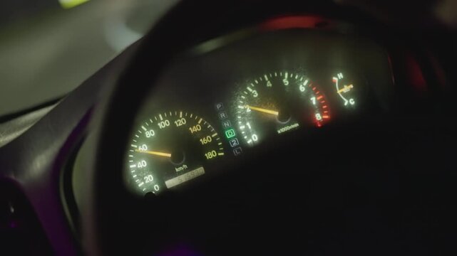night speedometer dashboard closeup glowing gauges needle sweep odometer digits flicker fuel indicator visible neon backlight cinematic tension, scenes street racer checking speed, commuter