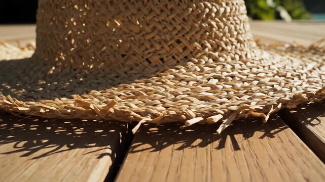 Close-up of woven straw hat brim on a wooden table with dappled sunlight and greenery