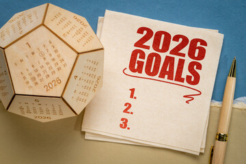 list of 2026 goals on a napkin with January 2026 mall wooden dodecahedron desktop calendar - goal setting concept